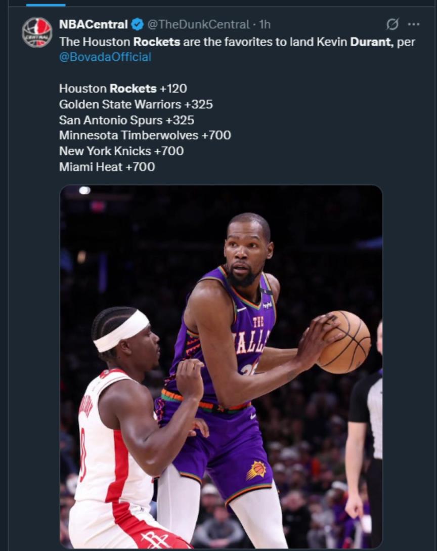 難道說(shuō)？美媒曬杜蘭特下家賠率，火箭大幅度領(lǐng)跑！